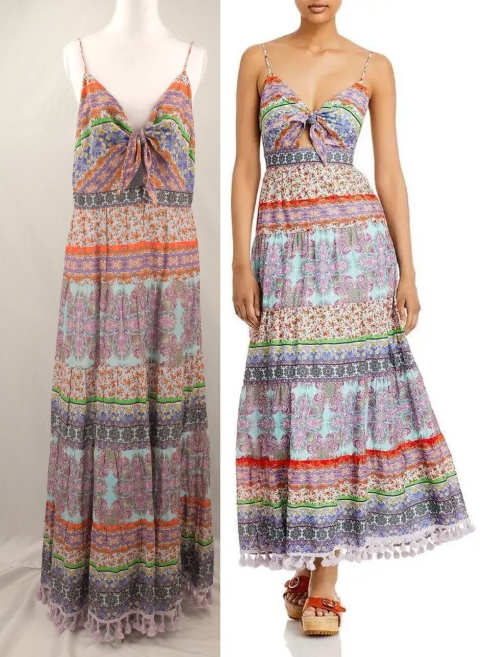 Alice + Olivia Mika Tie-Front Boho Paisley Tiered Tassel Hem Maxi Dress US 14